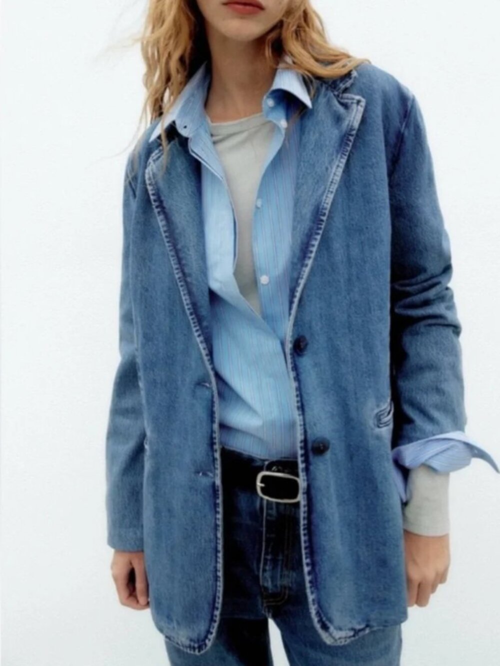Zara Denim Blazer Jacket Medium Blue Wash Tailored Jean Jacket